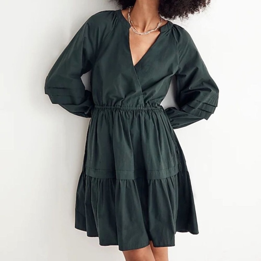 Madewell Dark Green Faux Wrap Long Sleeve Dress